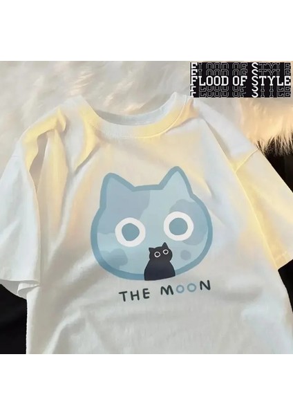 2024 Yaz Fan Kedi ve Kadın Pamuk Baskılı Anime Komik Erkek Tişört Hip Hop Moda Rahat Artı Boy