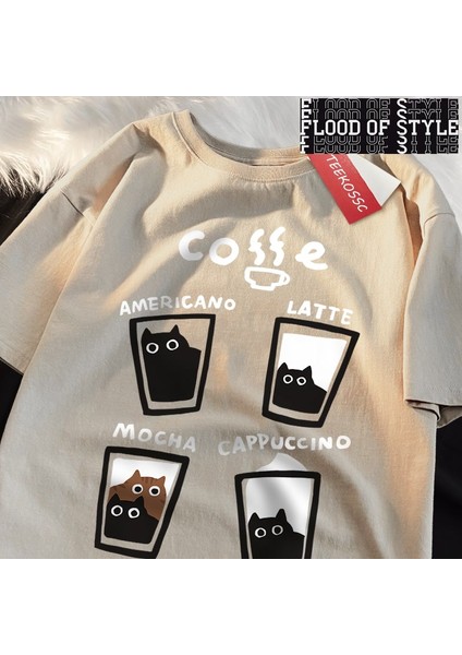 Eğlenceli Kahve Kedi Japon Tarzı Erkek Kadın T-Shirt Boy Tshirt Nefes Gevşek Kısa Kollu Tee E