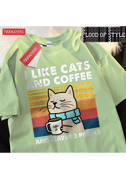 Kediler ve Kahve Severim Erkek Kadın T-Shirt Pamuklu Tişört Elbise Hip Hop Bol Tişört Moda Bi