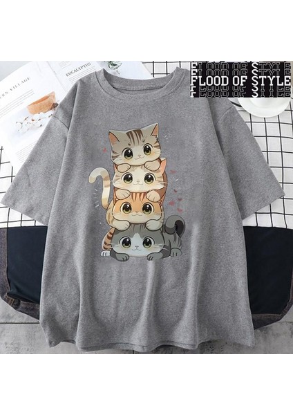 Sevimli Karikatür Kedi Baskı Kadın Erkek Yuvarlak Boyun Kısa Kollu Tişört Rahat Gevşek Çok Yö