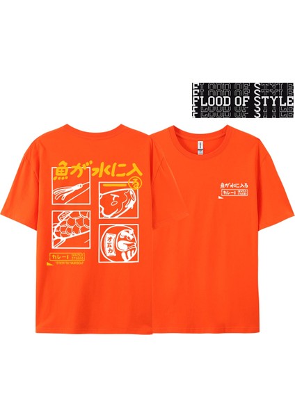 Japon Retro Moda Balık T-Shirt Erkek Kadın Kısa Kollu Boy Gevşek Bf Tarzı Çift Öğrenci Yarım