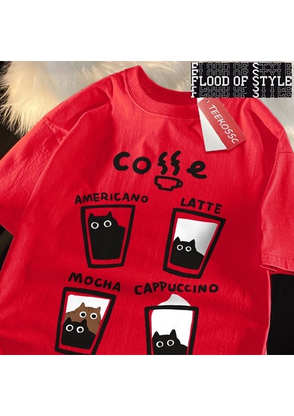 Eğlenceli Kahve Kedi Baskı Japon Tarzı Erkek Kadın T-Shirt Pamuk % Bol Tişört Pamuk Streetwea