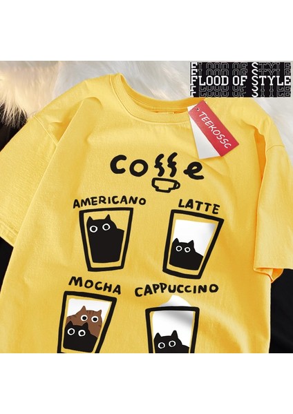 Eğlenceli Kahve Kedi Baskı Japon Tarzı Erkek Kadın T-Shirt Pamuk % Bol Tişört Pamuk Streetwea