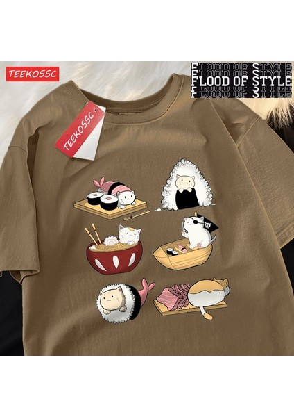 Sevimli Komik Suşi Kedi Baskı Mens Tişörtleri Hip Hop Boy T-Shirt Moda Yaz Rahat Gevşek Çift