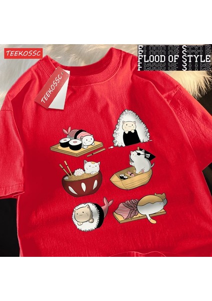 Sevimli Komik Suşi Kedi Baskı Mens Tişörtleri Hip Hop Boy T-Shirt Moda Yaz Rahat Gevşek Çift
