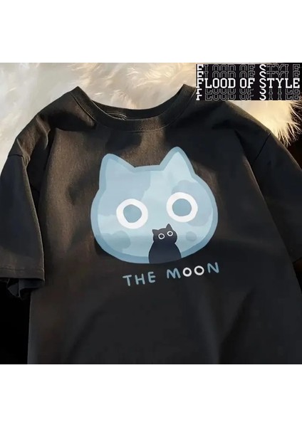 2024 Yaz Fan Kedi ve Kadın Pamuk Baskılı Anime Komik Erkek Tişört Hip Hop Moda Rahat Artı Boy