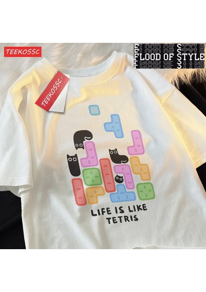 Blok Siyah Kedi Sevimli Küçük Catmale T-Shirt Grafik Pamuklu Tişörtler Yüksek Kaliteli Serin