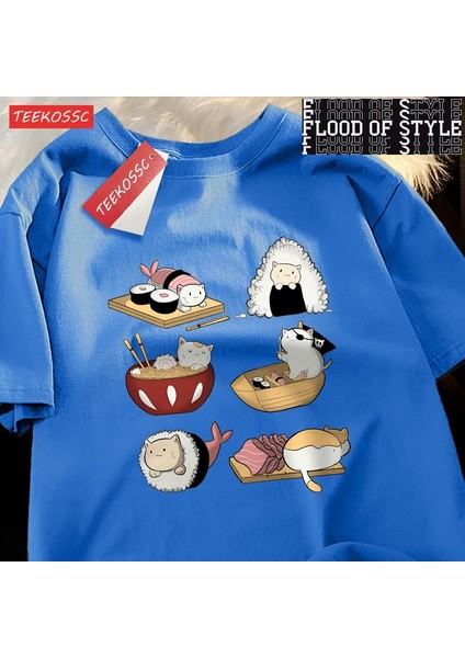 Sevimli Komik Suşi Kedi Baskı Mens Tişörtleri Hip Hop Boy T-Shirt Moda Yaz Rahat Gevşek Çift