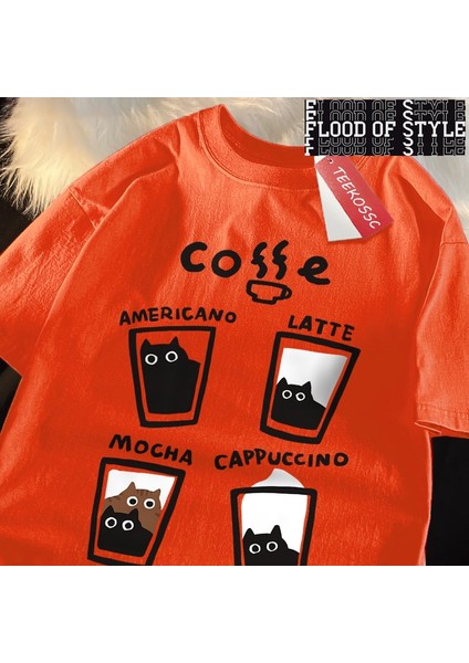 Eğlenceli Kahve Kedi Baskı Japon Tarzı Erkek Kadın T-Shirt Pamuk % Bol Tişört Pamuk Streetwea