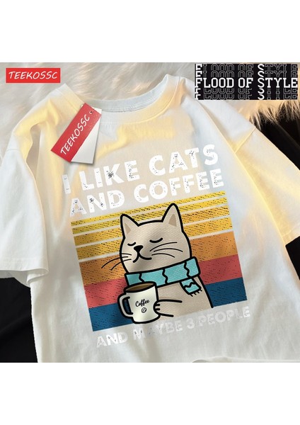 Kediler ve Kahve Severim Erkek Kadın T-Shirt Pamuklu Tişört Elbise Hip Hop Bol Tişört Moda Bi