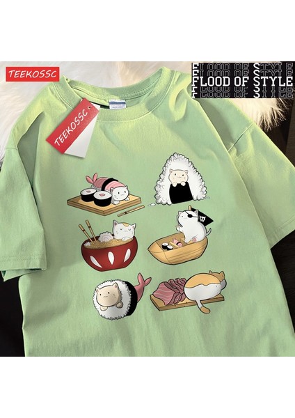 Sevimli Komik Suşi Kedi Baskı Mens Tişörtleri Hip Hop Boy T-Shirt Moda Yaz Rahat Gevşek Çift