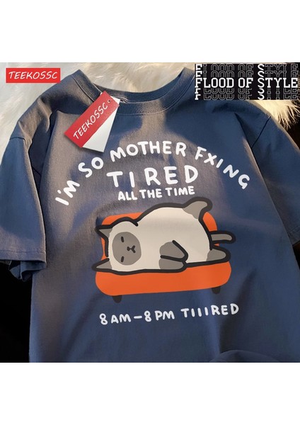 Yorgun Kedi Güzellik Kısa Siyam Yalan Kanepe Eğlenceli Gevşek Saf Pamuk Kısa Kollu Tişört Erk