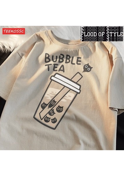 Kedi Inci Süt Çay Karikatür Adam T Gömlek Uydurma Gevşek Tee Giyim Eğlence Omuz Damla T-Shirt