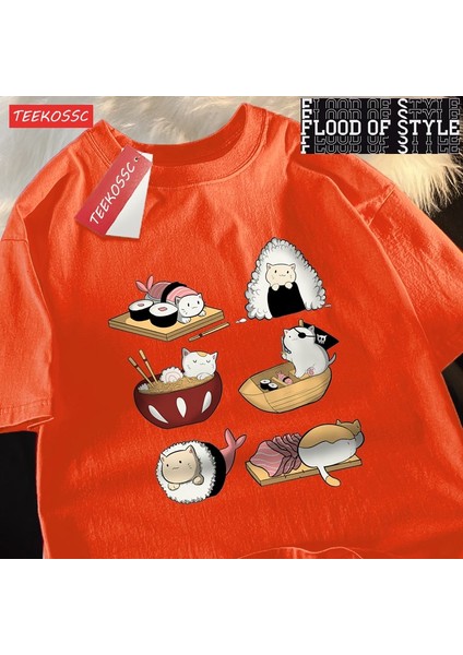Sevimli Komik Suşi Kedi Baskı Mens Tişörtleri Hip Hop Boy T-Shirt Moda Yaz Rahat Gevşek Çift