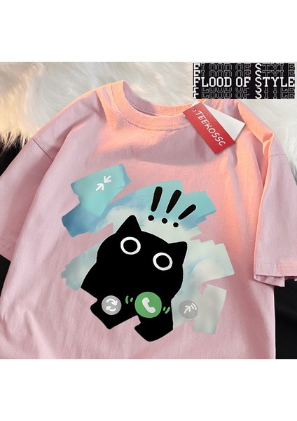 Sesli Arama Siyah Kedi Japon Tarzı T Gömlek Erkek Kadın Moda Tişörtleri Yaz Pamuklu Üst Giyim