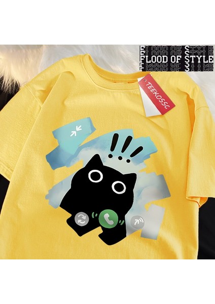 Sesli Arama Siyah Kedi Japon Tarzı T Gömlek Erkek Kadın Moda Tişörtleri Yaz Pamuklu Üst Giyim