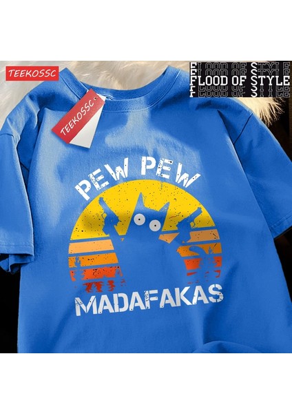 Pew Pew Madafakas Kedi ile Iki Silah T-Shirt Adam Sokak Yaz Kısa Kollu Harajuku Pamuk Tshirt