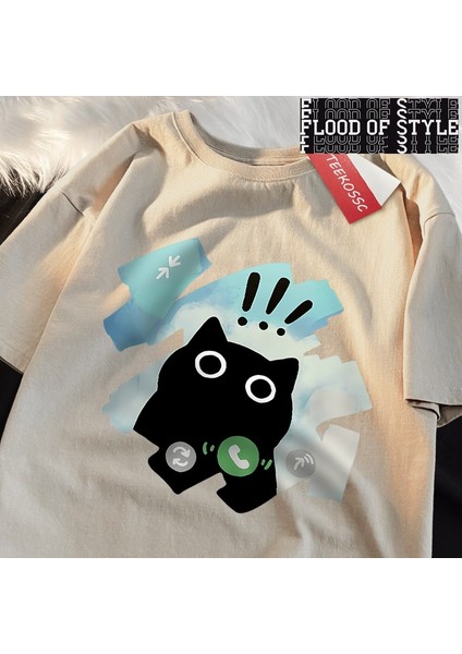 Sesli Arama Siyah Kedi Japon Tarzı T Gömlek Erkek Kadın Moda Tişörtleri Yaz Pamuklu Üst Giyim