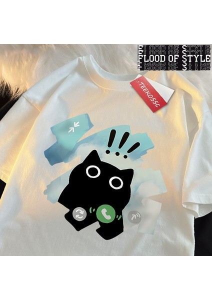 Sesli Arama Siyah Kedi Japon Tarzı T Gömlek Erkek Kadın Moda Tişörtleri Yaz Pamuklu Üst Giyim