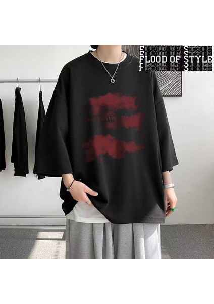 2023 Yaz Y2K Yüksek Sokak 3/4 Kollu T-Shirt Adam Yuvarlak Boyun Baskı Boy Yeni Gevşek Kişilik