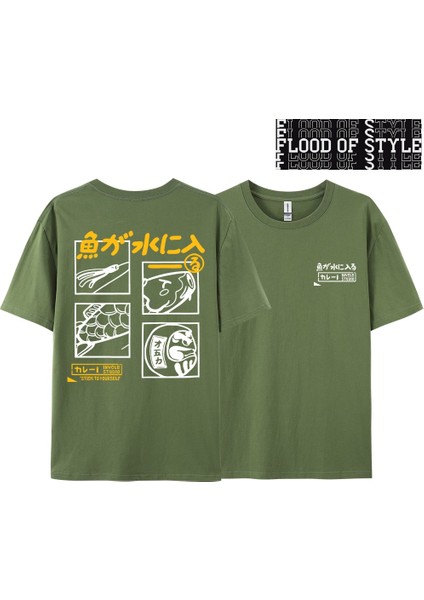 Japon Retro Moda Balık T-Shirt Erkek Kadın Kısa Kollu Boy Gevşek Bf Tarzı Çift Öğrenci Yarım
