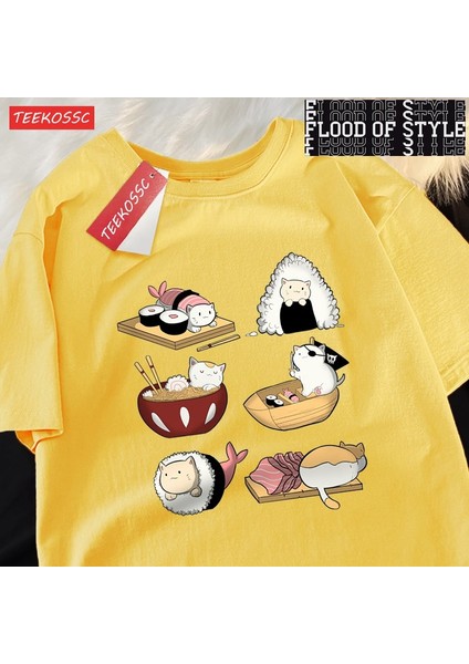 Sevimli Komik Suşi Kedi Baskı Mens Tişörtleri Hip Hop Boy T-Shirt Moda Yaz Rahat Gevşek Çift