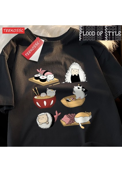 Sevimli Komik Suşi Kedi Baskı Mens Tişörtleri Hip Hop Boy T-Shirt Moda Yaz Rahat Gevşek Çift