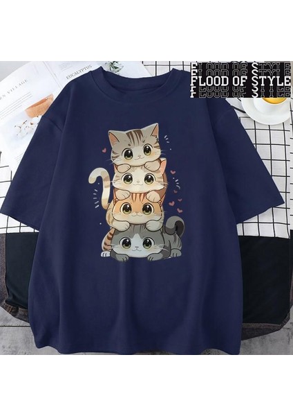 Sevimli Karikatür Kedi Baskı Kadın Erkek Yuvarlak Boyun Kısa Kollu Tişört Rahat Gevşek Çok Yö