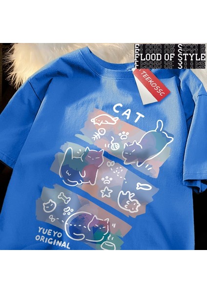 Eğlenceli Yaramaz Kedi Baskı Japon Tarzı T-Shirt Erkek Kadın Moda T Shirt Nefes Yazlık T-Shir