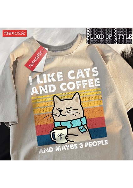 Kediler ve Kahve Severim Erkek Kadın T-Shirt Pamuklu Tişört Elbise Hip Hop Bol Tişört Moda Bi