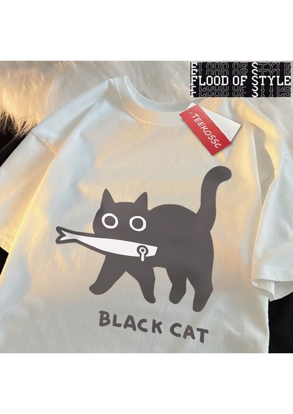Eğlenceli Bir Siyah Kedi Balık Yeme Japon Tarzı Erkek Kadın T-Shirt Moda Baskı T Shirt Nefes