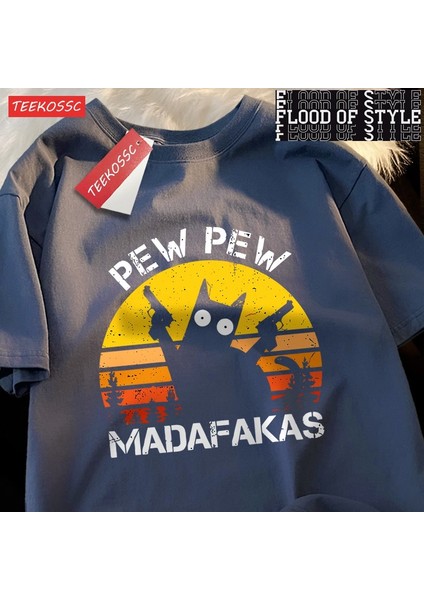Pew Pew Madafakas Kedi ile Iki Silah T-Shirt Adam Sokak Yaz Kısa Kollu Harajuku Pamuk Tshirt
