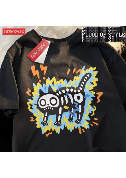 Çift Elektrik Çarpması Kedi Trendy Marka Trendy Saf Pamuk Bol Kısa Kollu Tişört Erkek Kadın Y