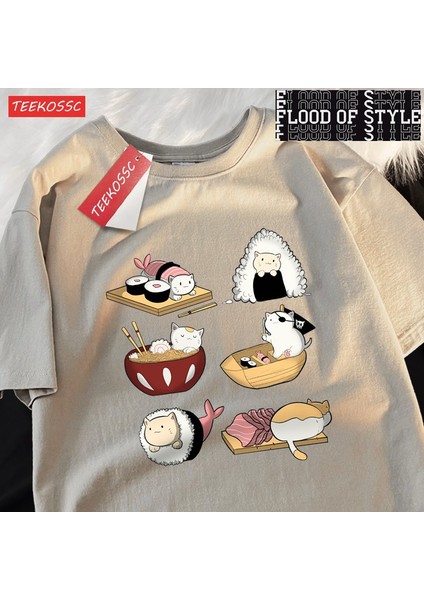 Sevimli Komik Suşi Kedi Baskı Mens Tişörtleri Hip Hop Boy T-Shirt Moda Yaz Rahat Gevşek Çift