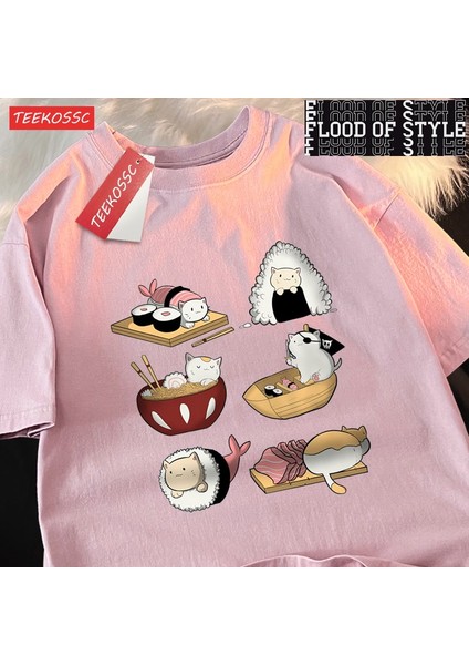 Sevimli Komik Suşi Kedi Baskı Mens Tişörtleri Hip Hop Boy T-Shirt Moda Yaz Rahat Gevşek Çift