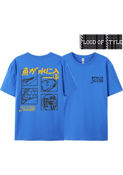 Japon Retro Moda Balık T-Shirt Erkek Kadın Kısa Kollu Boy Gevşek Bf Tarzı Çift Öğrenci Yarım
