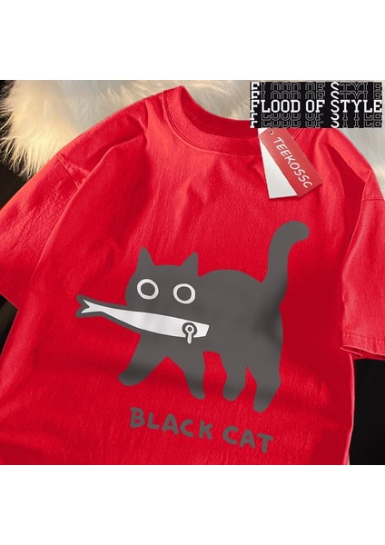 Eğlenceli Bir Siyah Kedi Balık Yeme Japon Tarzı Erkek Kadın T-Shirt Moda Baskı T Shirt Nefes