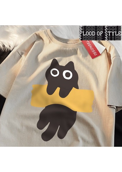 Eğlenceli Yapışkan Bant Kedi Baskı Japon Tarzı Kısa Kollu Erkek Kadın Pamuk Büyük Boy T-Shirt