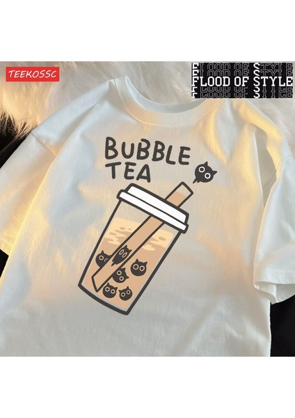 Kedi Inci Süt Çay Karikatür Adam T Gömlek Uydurma Gevşek Tee Giyim Eğlence Omuz Damla T-Shirt