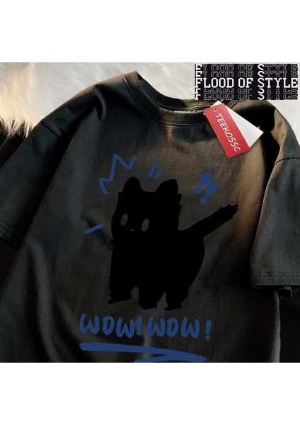 Wow Wow Eğlenceli Siyah Kedi Baskı Japon Tarzı Erkek Kadın Üst Moda T Shirt Pamuk Bol Tişört