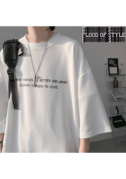 2023 Yaz Y2K Yüksek Sokak 3/4 Kollu T-Shirt Adam Yuvarlak Boyun Baskı Boy Yeni Gevşek Kişilik