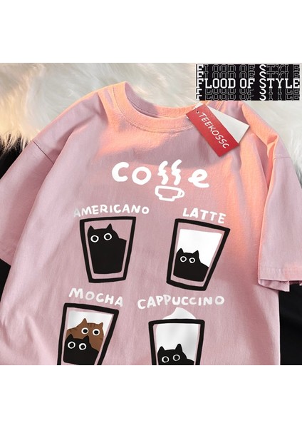 Eğlenceli Kahve Kedi Japon Tarzı Erkek Kadın T-Shirt Boy Tshirt Nefes Gevşek Kısa Kollu Tee E