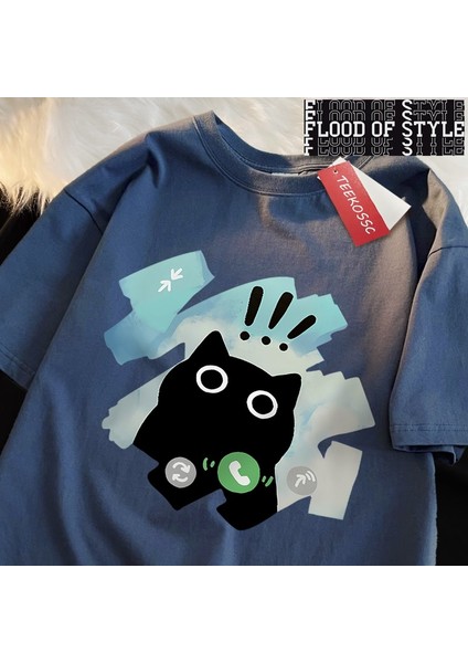 Sesli Arama Siyah Kedi Japon Tarzı T Gömlek Erkek Kadın Moda Tişörtleri Yaz Pamuklu Üst Giyim