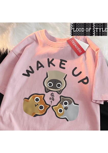 Kediler Japon Tarzı Erkek Giyim Pamuk Tee Giysi T-Shirt 3 Onlookers Uyanmak Boy Kaliteli Göml