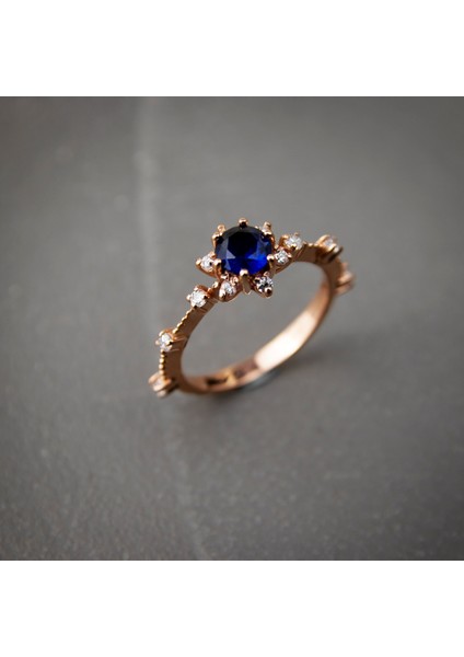 Mavi Taşlı 925 Ayar Lotus Çiçeği Minimal Rose Gümüş Yüzük