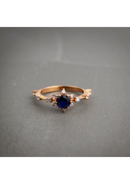 Mavi Taşlı 925 Ayar Lotus Çiçeği Minimal Rose Gümüş Yüzük