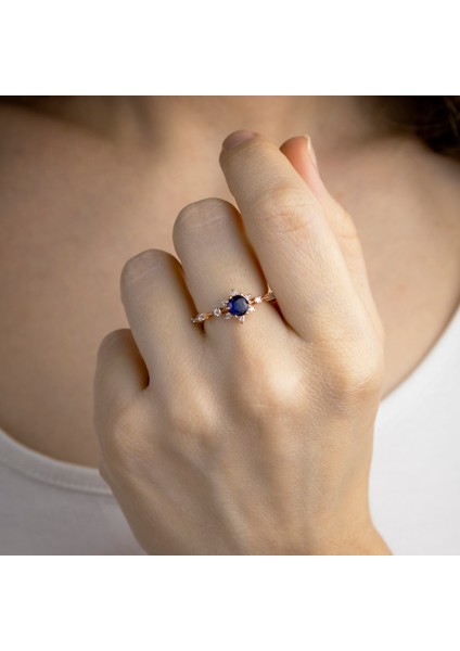 Mavi Taşlı 925 Ayar Lotus Çiçeği Minimal Rose Gümüş Yüzük