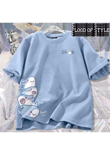 Çocuklar Yaz Pamuk T-Shirt Q Sevimli Köpekbalığı Baskı Erkek Kız Sokak Hip Hop T-Shirt Yumuşa