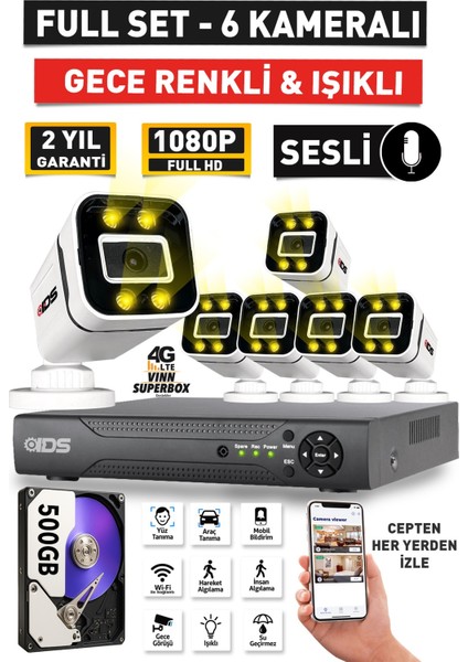 Sesli - 6 Kameralı Fullhd Gece Renkli ve Işıklı Güvenlik Kamerası - Kamera Seti 500GB Disk