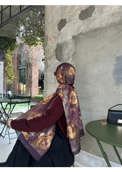 Pamuklu Rose Desen Şal-Mürdüm
